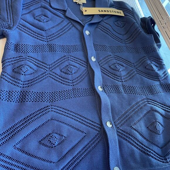 NWT Sandstone Geometric Knit Short Sleeve Coastal Sweater Polo Top Shirt Men’s M - Picture 4 of 8